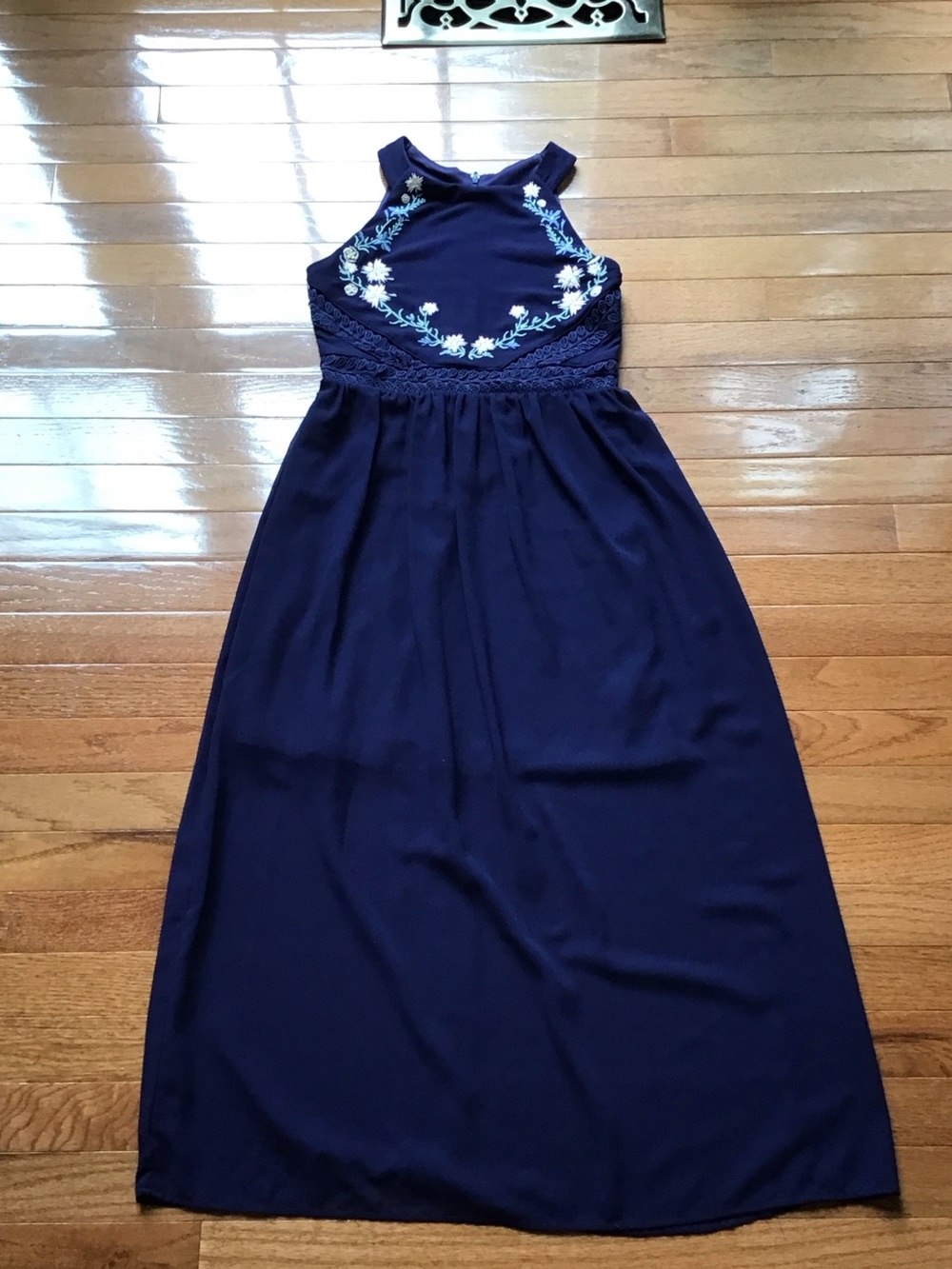 Iz Byer Navy Blue Floral Halter Girls Formal Dress